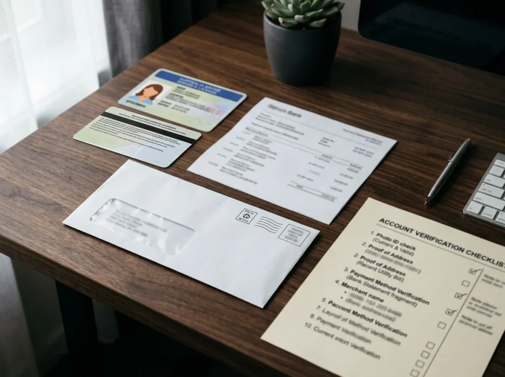 Identity card, payment record and account-control checklist arranged on a desk