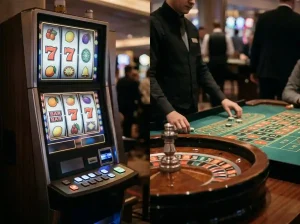 Slot reels and a live dealer table arranged as two casino game categories