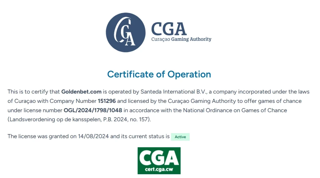 Curaçao Gaming Authority certificate record for Goldenbet.com and Santeda International B.V.
