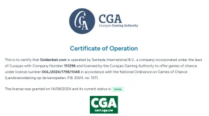 Curaçao Gaming Authority certificate record for Goldenbet.com and Santeda International B.V.