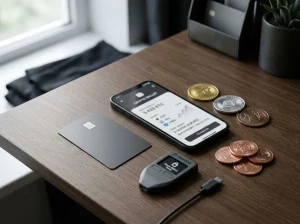 Payment card, mobile wallet and cryptocurrency transfer elements arranged on a desk