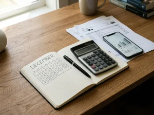 Notebook, calculator and payment records arranged beside a calendar for withdrawal planning